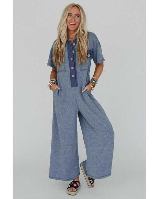 Half Placket Chest Pockets Wide Leg Jumpsuit