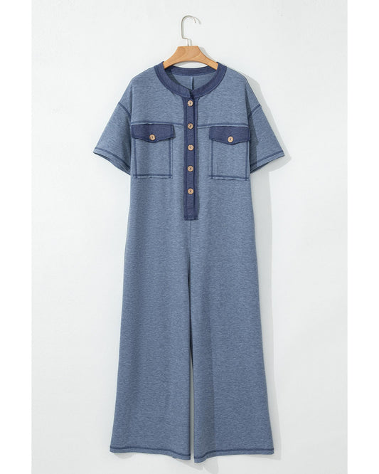 Half Placket Chest Pockets Wide Leg Jumpsuit