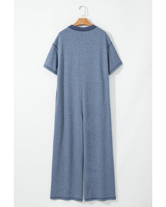 Half Placket Chest Pockets Wide Leg Jumpsuit