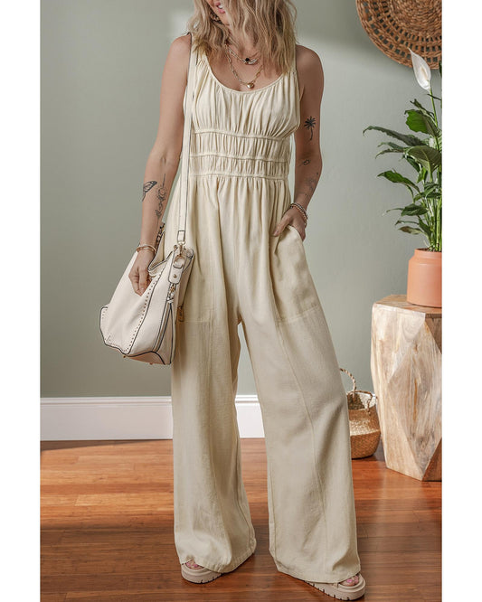 Beige Ruched High Waist Sleeveless Wide Leg Jumpsuit
