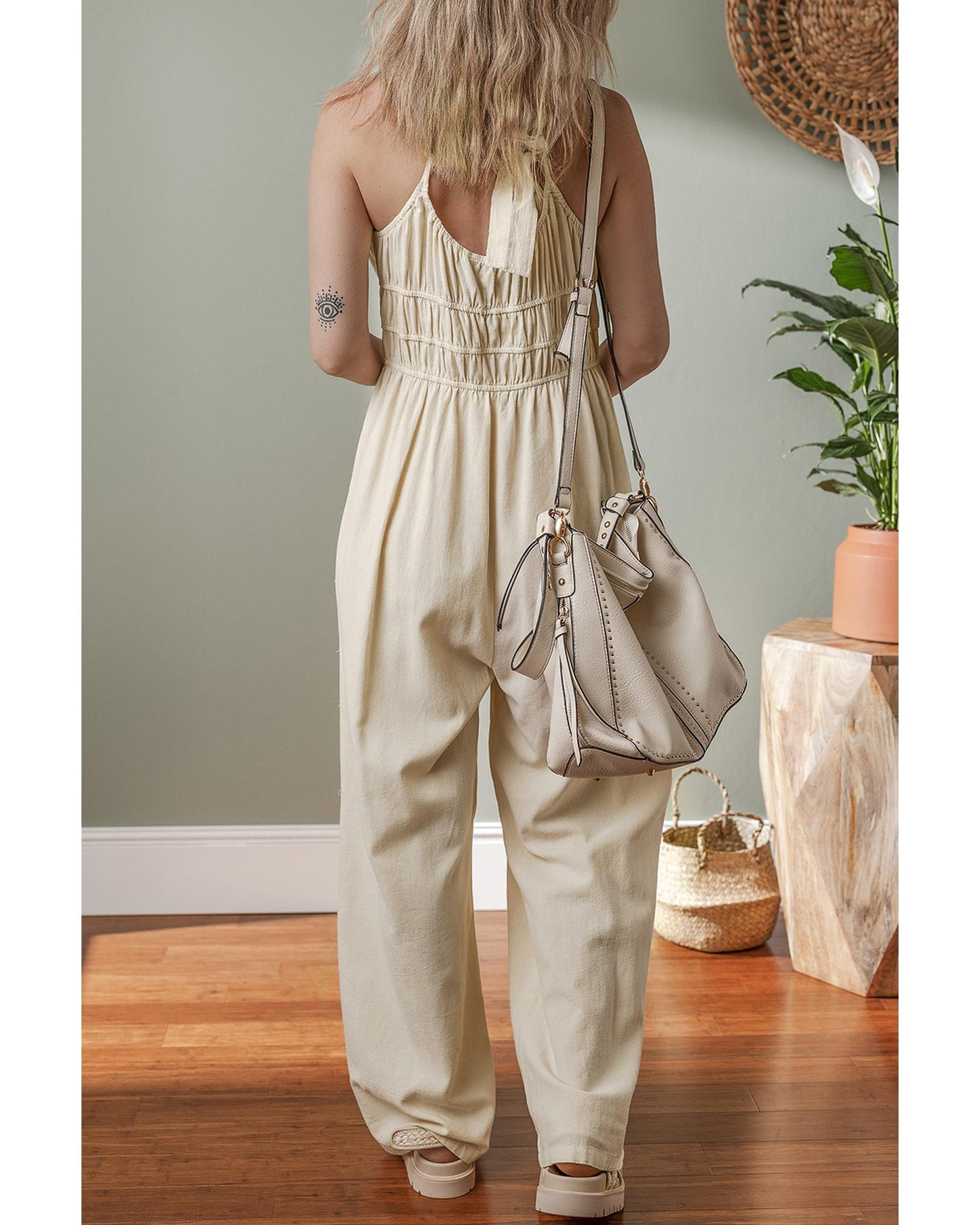 Beige Ruched High Waist Sleeveless Wide Leg Jumpsuit