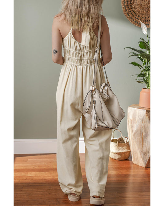 Beige Ruched High Waist Sleeveless Wide Leg Jumpsuit