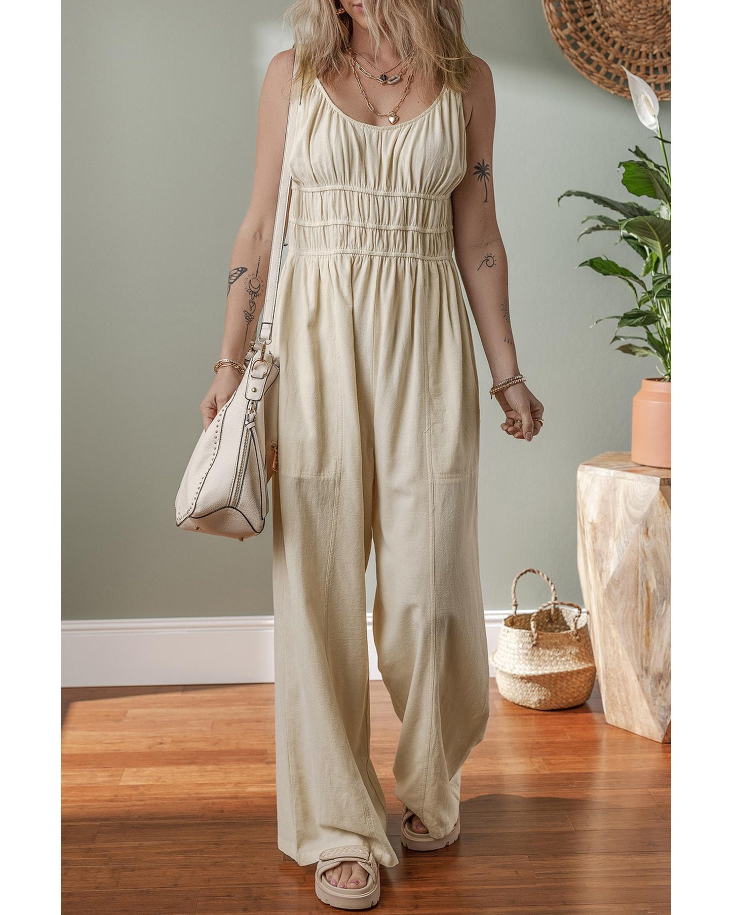 Beige Ruched High Waist Sleeveless Wide Leg Jumpsuit