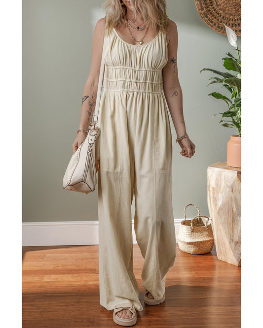 Beige Ruched High Waist Sleeveless Wide Leg Jumpsuit