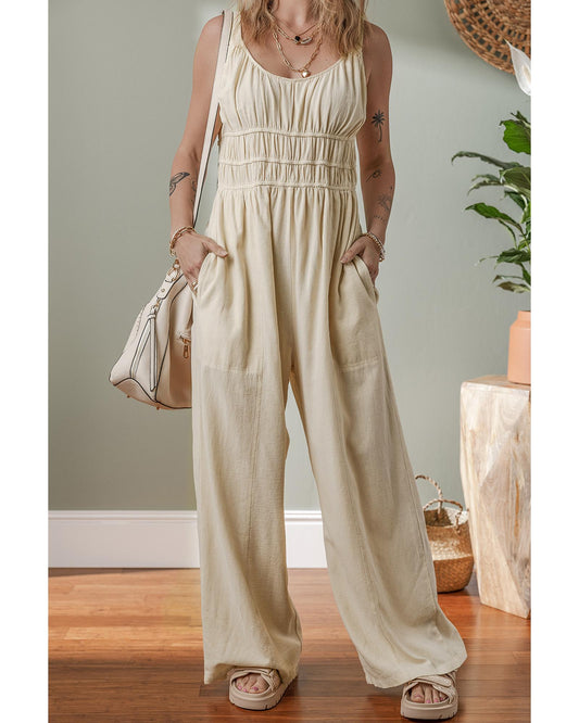 Beige Ruched High Waist Sleeveless Wide Leg Jumpsuit