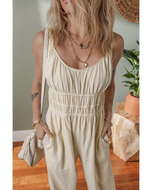 Beige Ruched High Waist Sleeveless Wide Leg Jumpsuit