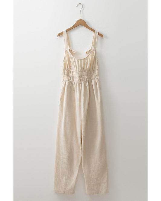 Beige Ruched High Waist Sleeveless Wide Leg Jumpsuit
