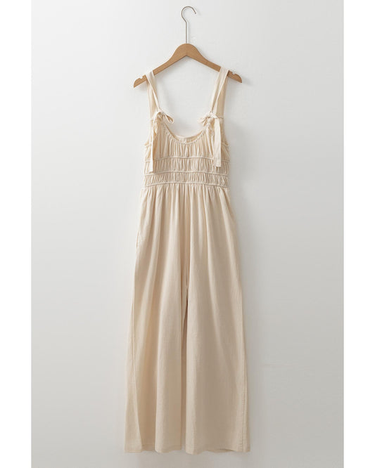 Beige Ruched High Waist Sleeveless Wide Leg Jumpsuit