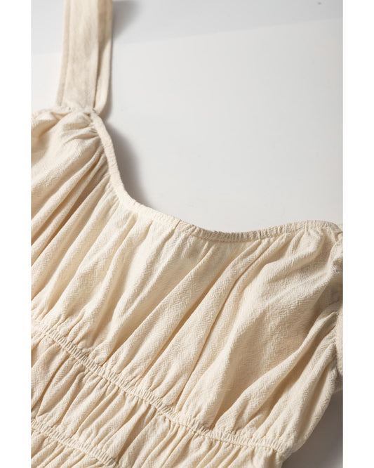 Beige Ruched High Waist Sleeveless Wide Leg Jumpsuit