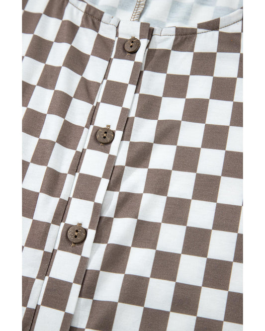 Khaki Checkered Print Buttoned Crew Neck Wide Leg Jumpsuit