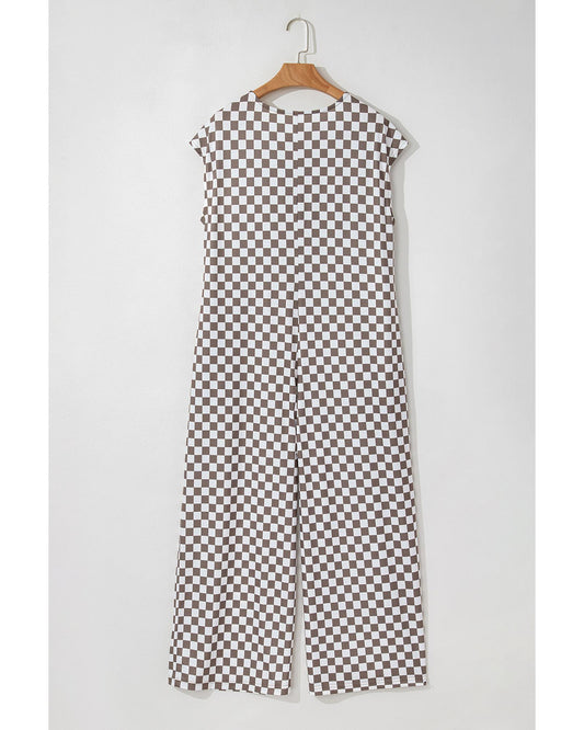 Khaki Checkered Print Buttoned Crew Neck Wide Leg Jumpsuit