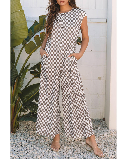 Khaki Checkered Print Buttoned Crew Neck Wide Leg Jumpsuit