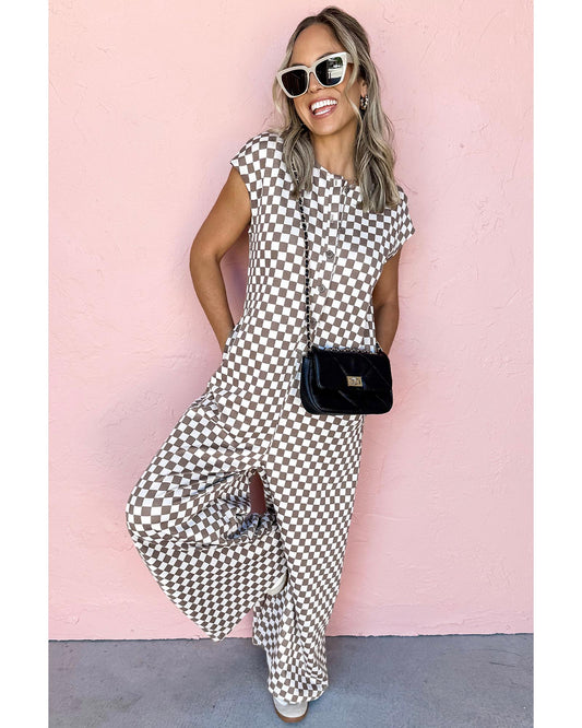 Khaki Checkered Print Buttoned Crew Neck Wide Leg Jumpsuit