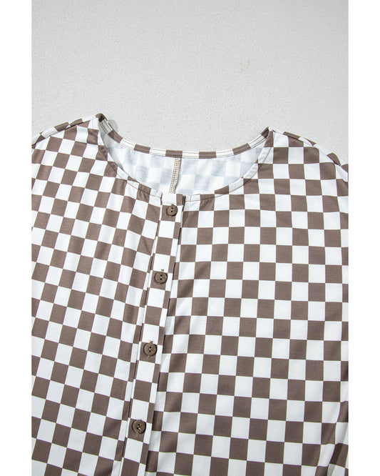 Khaki Checkered Print Buttoned Crew Neck Wide Leg Jumpsuit