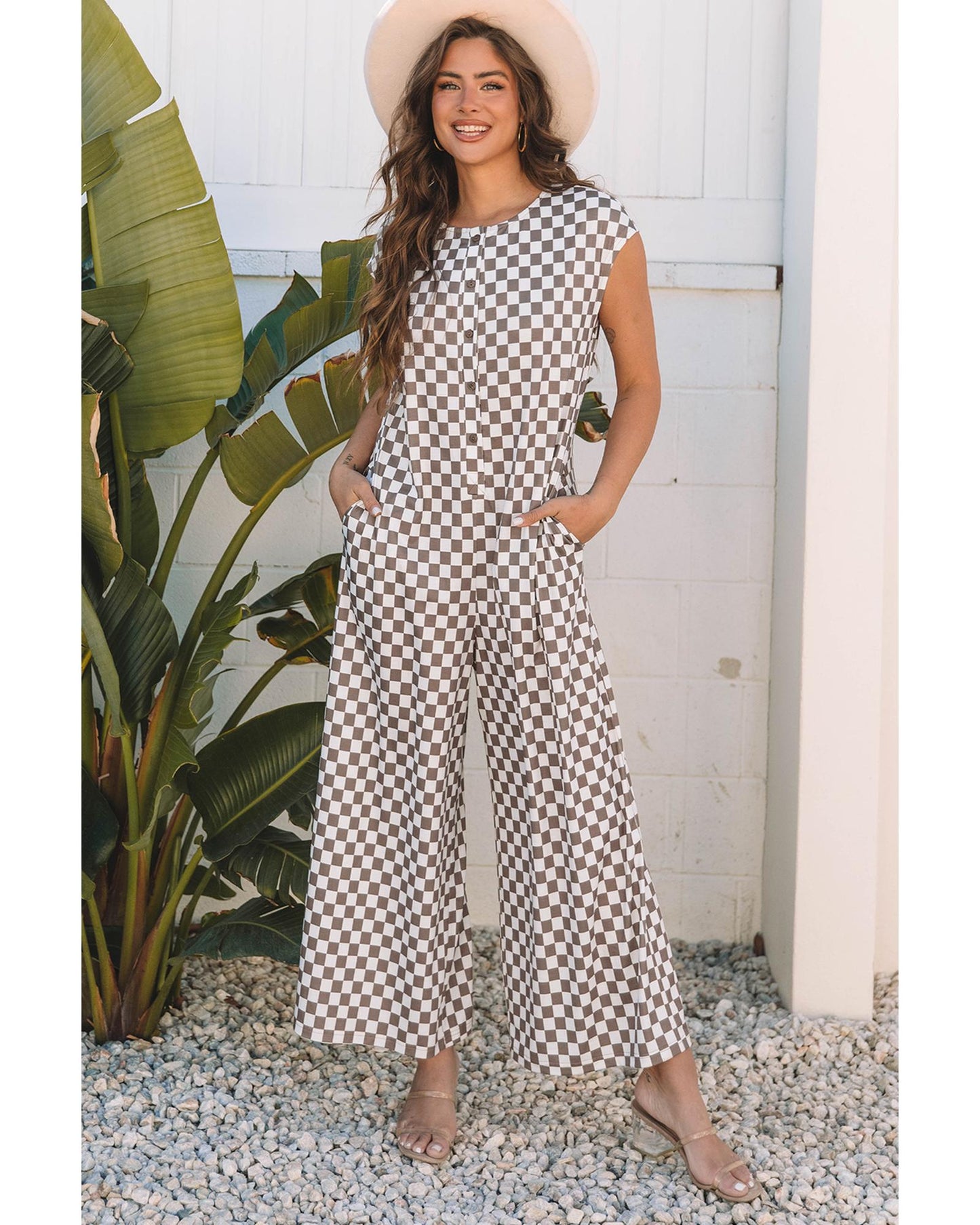 Khaki Checkered Print Buttoned Crew Neck Wide Leg Jumpsuit
