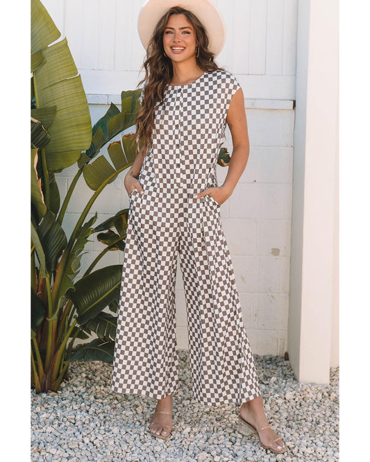 Khaki Checkered Print Buttoned Crew Neck Wide Leg Jumpsuit
