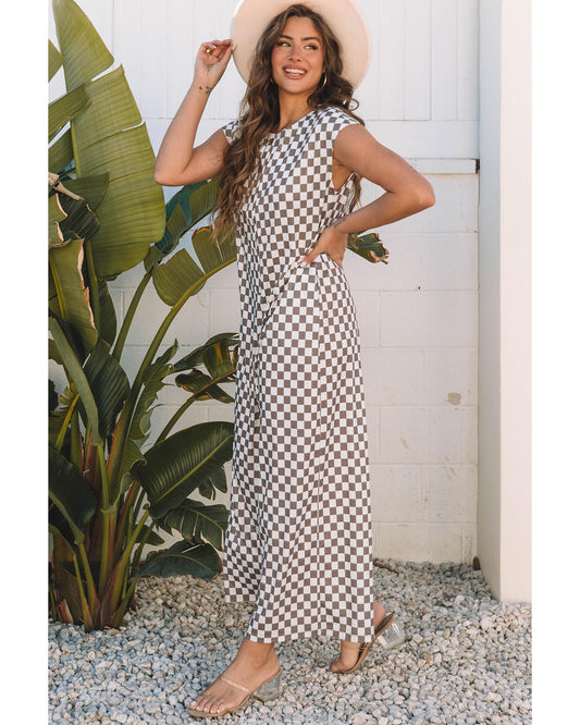 Khaki Checkered Print Buttoned Crew Neck Wide Leg Jumpsuit