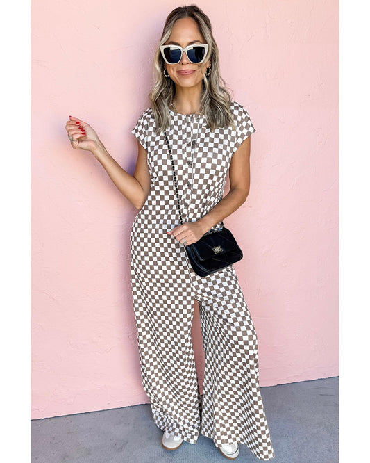 Khaki Checkered Print Buttoned Crew Neck Wide Leg Jumpsuit