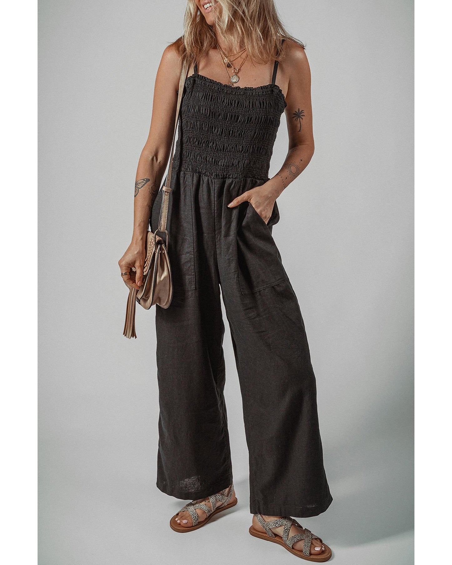 Shirred Bodice Pocketed Wide Leg Jumpsuit