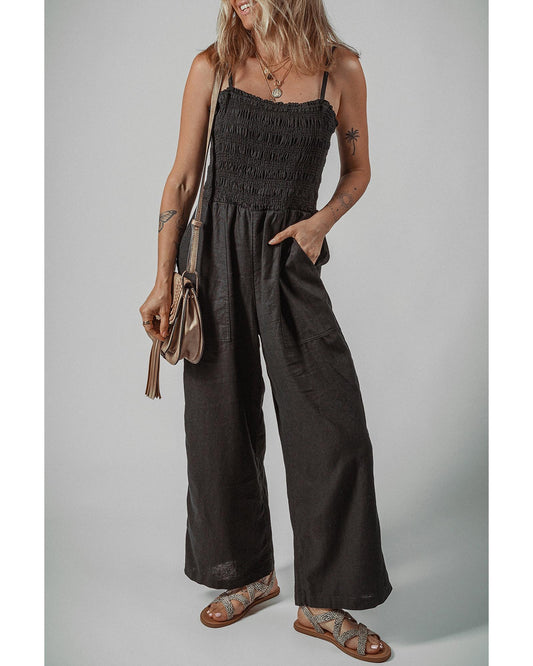 Shirred Bodice Pocketed Wide Leg Jumpsuit