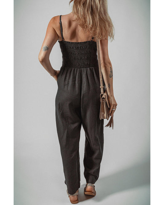 Shirred Bodice Pocketed Wide Leg Jumpsuit