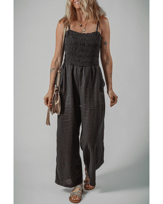 Shirred Bodice Pocketed Wide Leg Jumpsuit