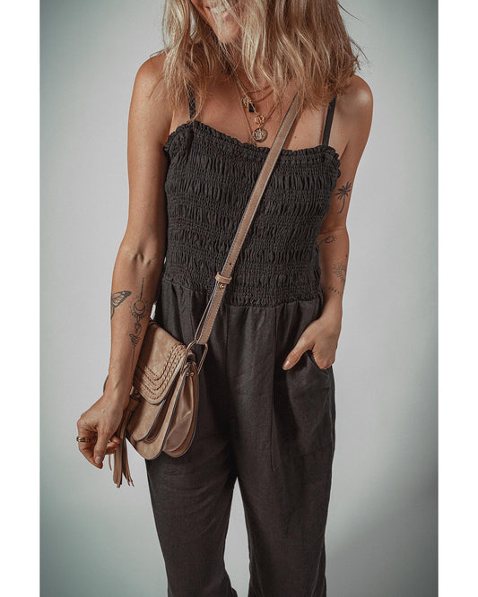 Shirred Bodice Pocketed Wide Leg Jumpsuit