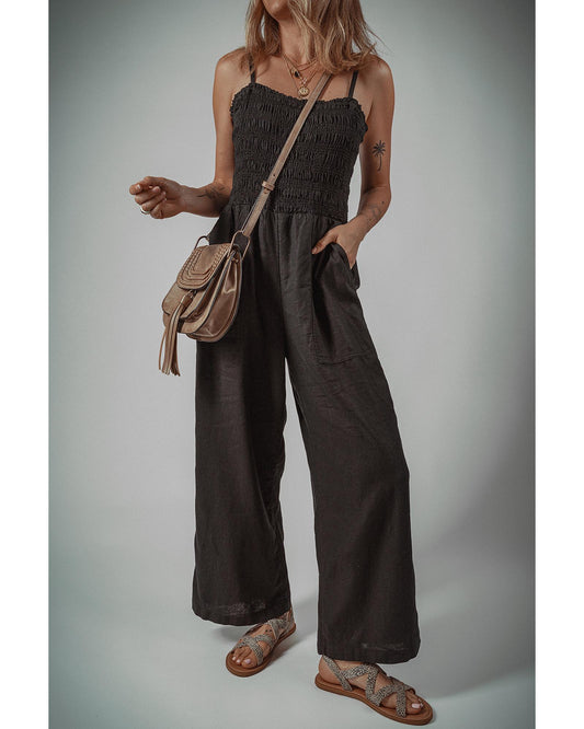 Shirred Bodice Pocketed Wide Leg Jumpsuit