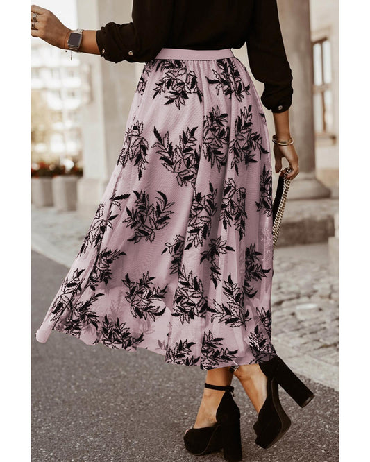 Peach Floral Leaves Embroidered High Waist Maxi Skirt