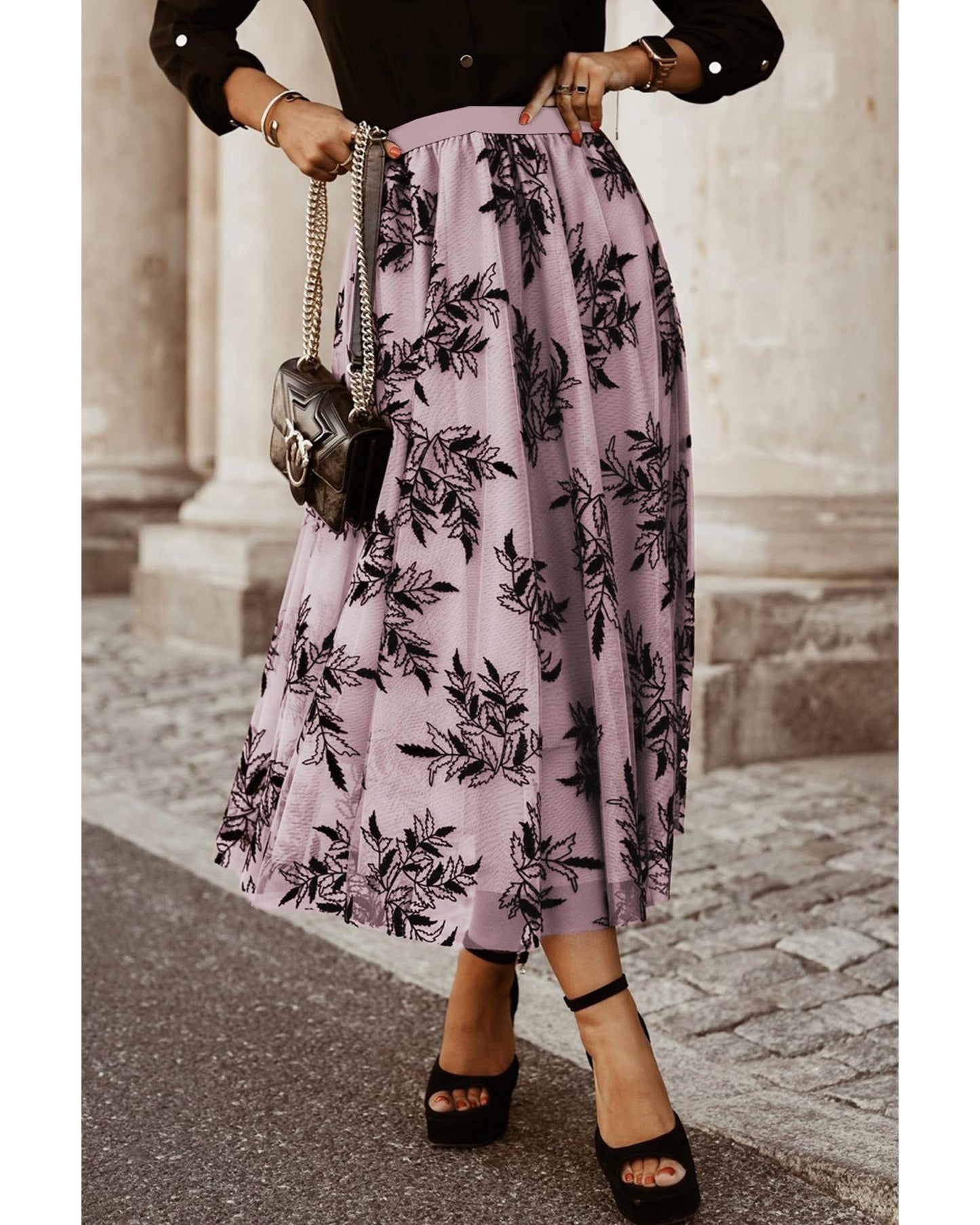 Peach Floral Leaves Embroidered High Waist Maxi Skirt