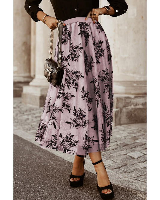 Peach Floral Leaves Embroidered High Waist Maxi Skirt