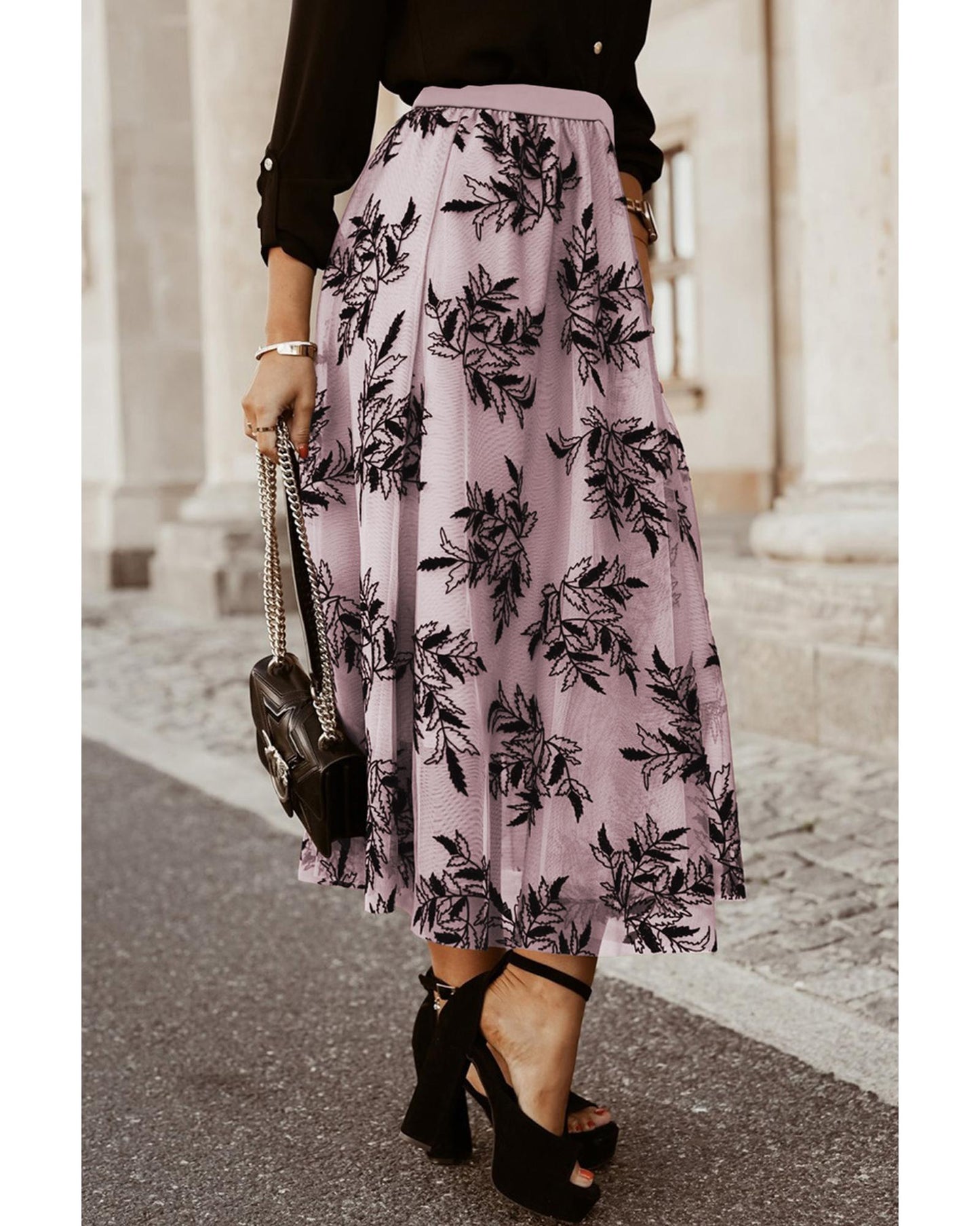 Peach Floral Leaves Embroidered High Waist Maxi Skirt
