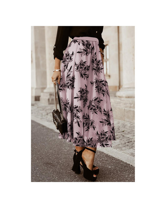 Peach Floral Leaves Embroidered High Waist Maxi Skirt