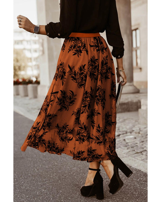 Floral Leaves Embroidered High Waist Maxi Skirt
