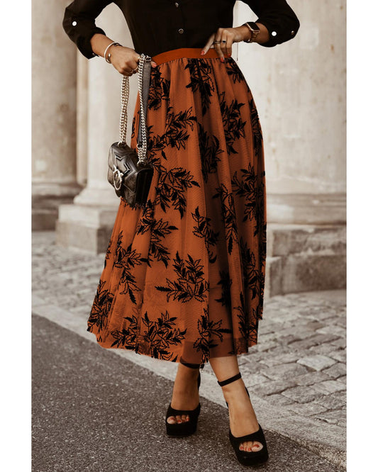 Floral Leaves Embroidered High Waist Maxi Skirt