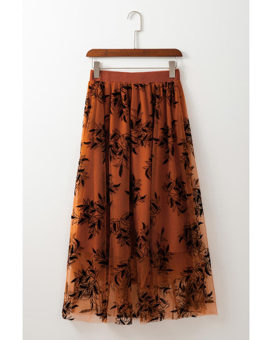 Floral Leaves Embroidered High Waist Maxi Skirt
