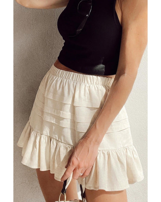 Beige Tiered Ruffled Hemline Elastic Waist Mini Skirt