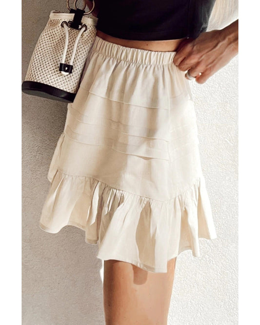 Beige Tiered Ruffled Hemline Elastic Waist Mini Skirt