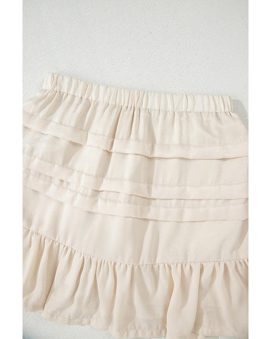 Beige Tiered Ruffled Hemline Elastic Waist Mini Skirt