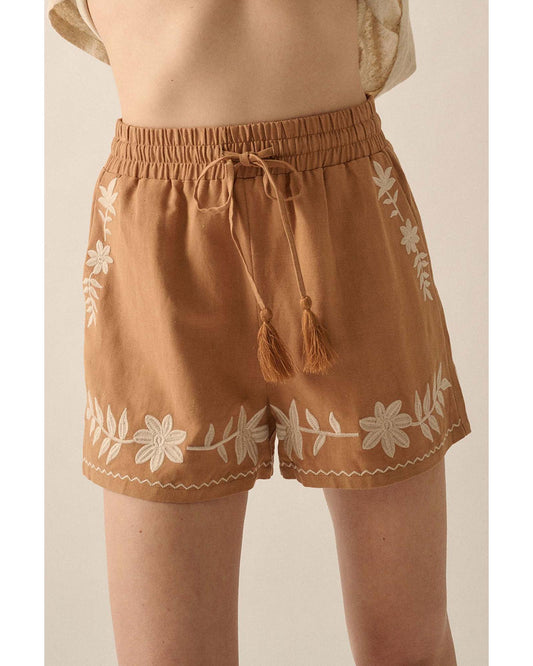 Embroidered Tasseled Drawstring Waist shorts