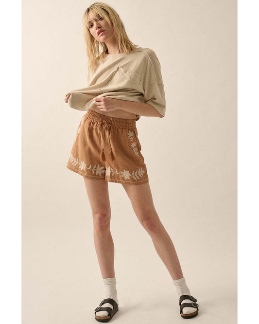 Embroidered Tasseled Drawstring Waist shorts