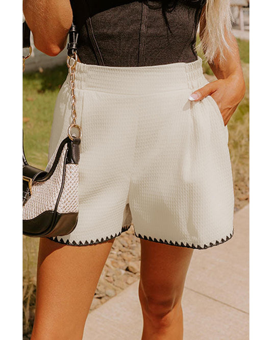 White Waffle Texture Contrast Ricrac Hemline Shorts