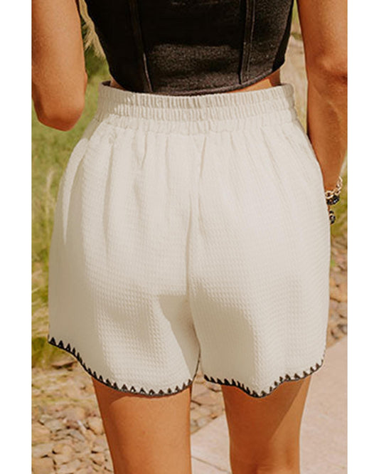 White Waffle Texture Contrast Ricrac Hemline Shorts