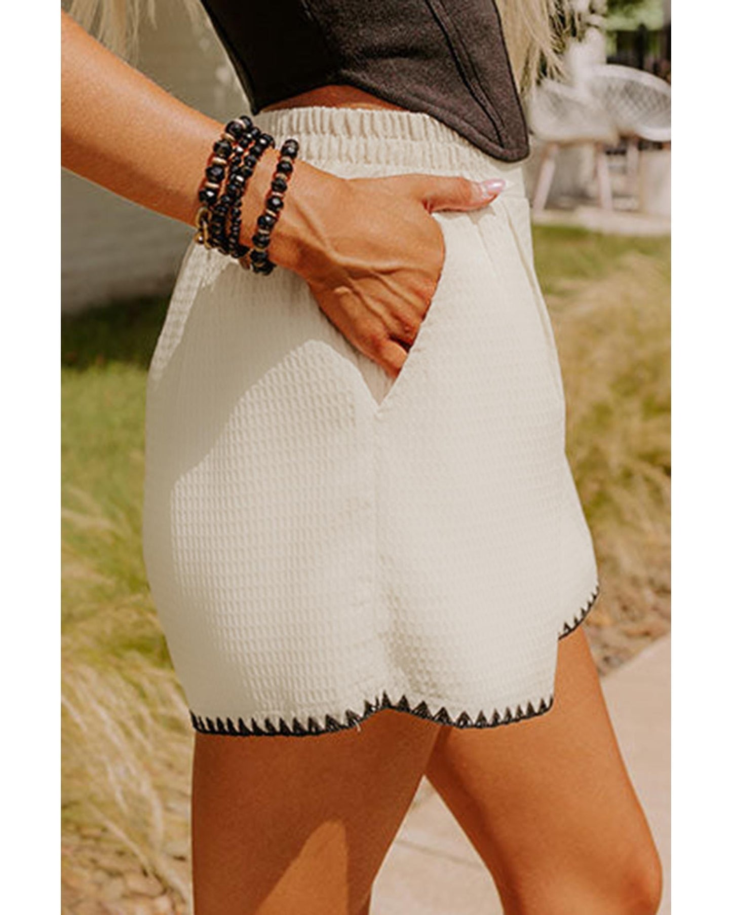 White Waffle Texture Contrast Ricrac Hemline Shorts