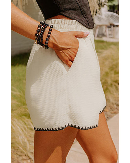 White Waffle Texture Contrast Ricrac Hemline Shorts