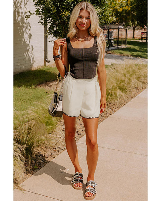 White Waffle Texture Contrast Ricrac Hemline Shorts