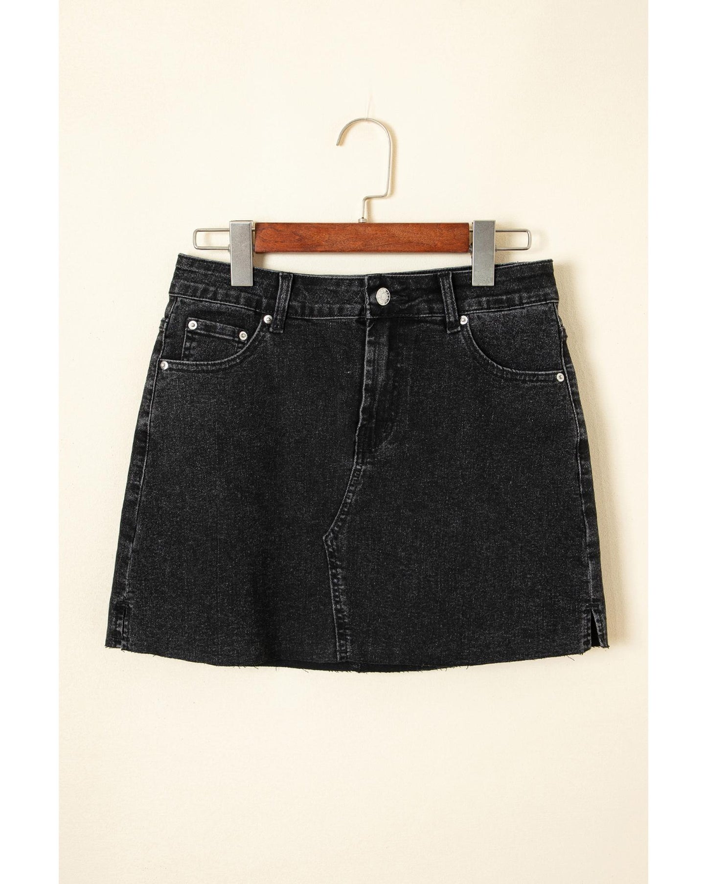 Mineral Wash Ripped Raw Hem Denim Mini Skirt