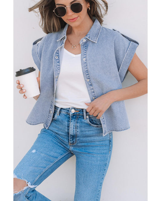 Dusk Blue Denim Pinup Folded Cap Sleeve Shirt