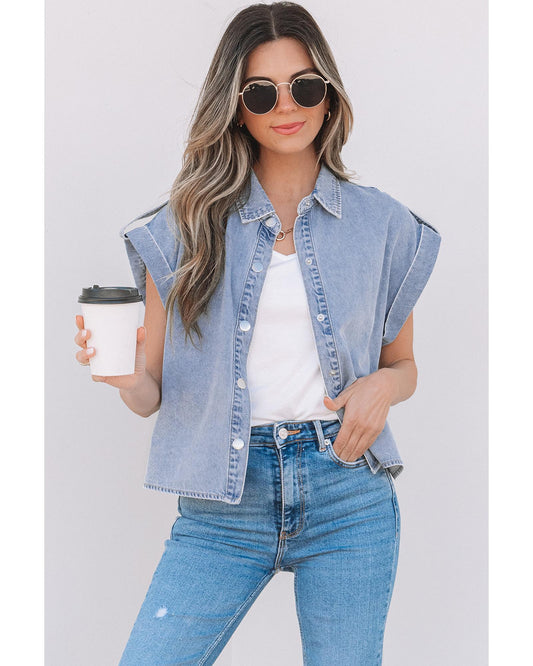 Dusk Blue Denim Pinup Folded Cap Sleeve Shirt