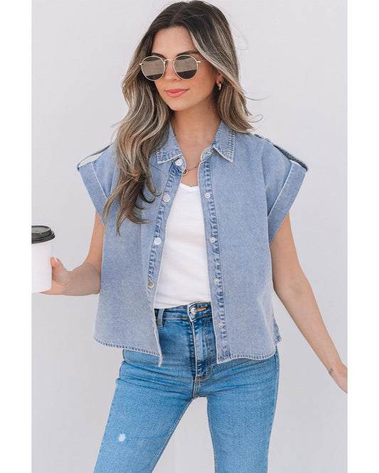 Dusk Blue Denim Pinup Folded Cap Sleeve Shirt